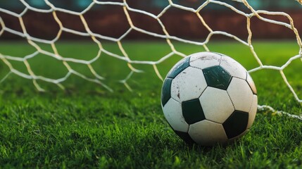 Soccer Ball Resting in Goal Net on Lush Green Grass Under Warm Sunlight Highlighting Outdoor Sports Activity