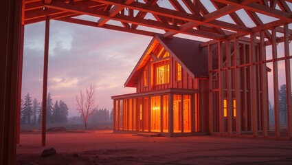 Brightly lit wooden house under construction at twilight with a clear sky backdrop and framing exposed