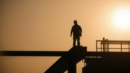 Construction worker standing on a beam during sunset at a building site in a city