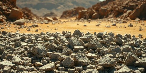Fototapeta premium Arid landscape featuring a foreground of rough, sun-baked stones, with a blurred background of a rocky desert valley