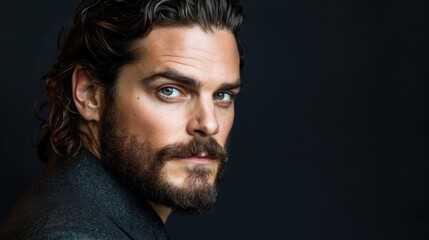 Fototapeta premium A man with a beard and long hair is standing in front of a black background