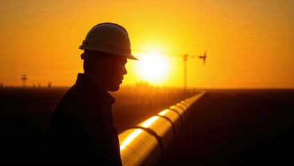 Worker observes pipeline during sunset near construction site in urban area
