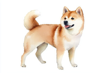 Watercolor of fluffy Akita dog with cheerful expression