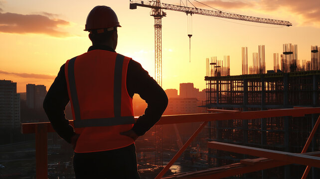 construction Engineer on a construction site at sunset. Working on the roof .
