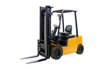 Yellow forklift truck, industrial vehicle for lifting and moving materials, isolated on transparent background