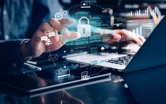 Cybersecurity surrounded by digital data and interface elements.technology secure communication, data encryption.digital security privacy,cloud technology - Powered by Adobe