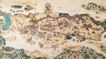 Fototapeta premium A hand-drawn map of an ancient fantasy kingdom with detailed borders