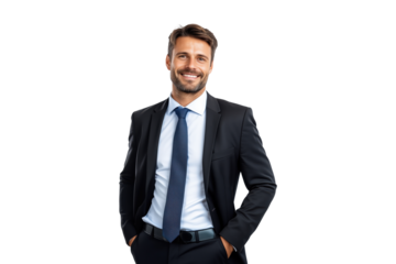 Smiling businessman, formal suit, hands in pockets, isolated on transparent background
