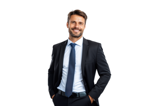 Smiling businessman, formal suit, hands in pockets, isolated on transparent background