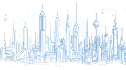 Naklejka premium A line drawing of a futuristic cityscape with towering spires
