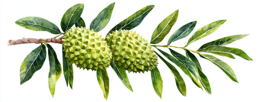 Watercolor depiction of breadfruit tree branch with green fruit