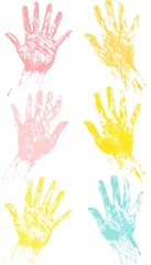 Fototapeta premium Pastel Handprints On White Background, Symbolizing Community, Unity, And Social Connection