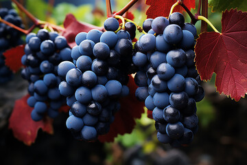 Fresh Ripe Dark Grapes on the Vine in Vineyard &ndash; Close-Up Autumn Harvest