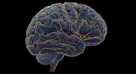 Human Brain 3D Rendering with Blood Vessels on Black Background