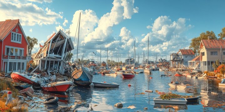 A picturesque harbor town transformed into a scene of destruction after a hurricane, with capsized boats and wreckage everywhere