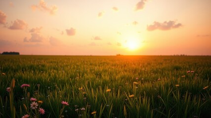 Golden Hour Meadow Wildflowers bathed in the warm glow of a setting sun, a tranquil landscape of vibrant nature