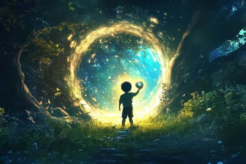 Fototapeta premium Young Boy Encounters Magical Portal In Enchanting Forest