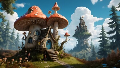 Enchanted Mushroom House and Fairytale Castle in a Dreamlike Forest