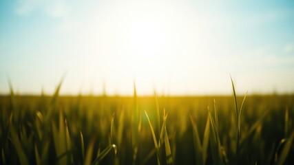 Fototapeta premium Golden Hour Meadow Close-Up View of Blades of Grass Silhouetted Against a Bright, Sunny Sky