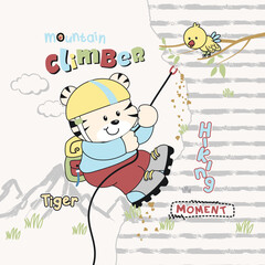 Adorable bear vector climbing cliffs to reach the mountain summit.