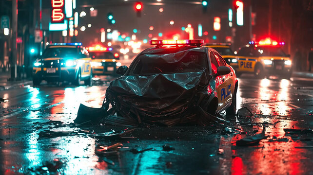 Multiple car crash night city emergency severe damage
