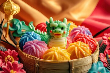 Colorful Dragon Decor with Vibrant Candy and Floral Arrangement for Festive Celebrations