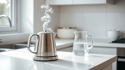 Obraz premium Modern stainless steel electric kettle steaming on kitchen counter