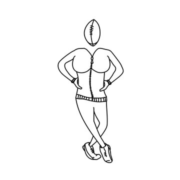 athletic woman with a head in the shape of a rugby ball