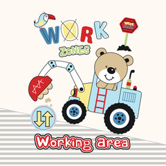 Cute animal vector illustration driving heavy equipment car in work area, playful and hardworking design.
