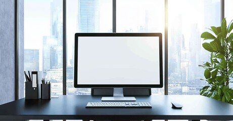 Fototapeta premium Within a green ecological office setting in an industrial loft, a computer all-in-one is placed with its blank screen at the front
