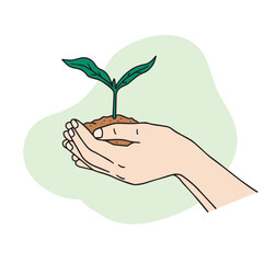 This is a hand motion illustration of holding a sprout in the soil with both hands. It's a hand-drawn vector element.