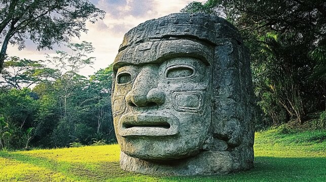 Giant Olmec head sculpture in jungle, travel and culture concept