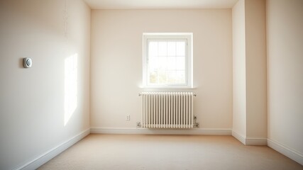 Empty room with radiator, wall-mounted thermostat, and window