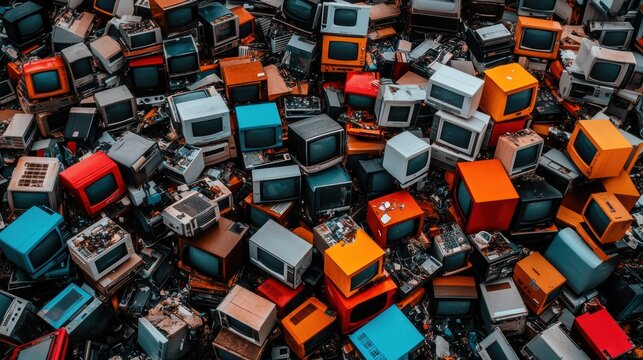 E-waste, discarded televisions, old monitors, piled electronics, colorful displays, recycling challenge, environmental protection concept