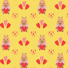 Capybara with heart seamless pattern. Wrapping, packaging in flat style. Red and pink. Suitable for gift wrap or greeting card for Valentines day.