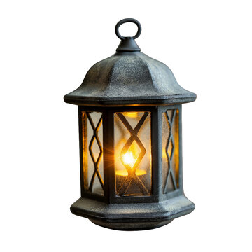 A beautiful miniature lantern ornament featuring a glowing flickering LED light, set against a transparent background, perfect for home decor or holiday decoration ideas.