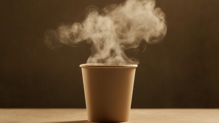 close up coffee from a cup to go, with white smoke coming out, and warm cozy dark brown background