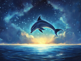 Fototapeta premium Radiant Ocean Spanned by a Glowing Dolphin in Motion