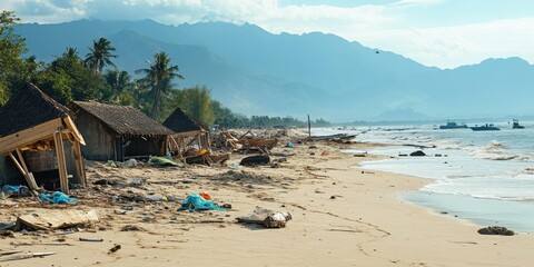 Fototapeta premium A scenic beach ravaged by a tsunami, with overturned cabanas and remnants of beachgoersâ€™ belongings scattered across the sand