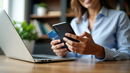 A person uses a phone credit card near a laptop on a wooden desk.