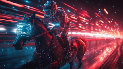 Futuristic horse racing with digital holograms and smart technology. Generative AI