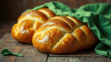 Golden-brown braided loaves of artisan bread, freshly baked and glistening, rest on a rustic wooden surface partially covered by a soft green cloth.