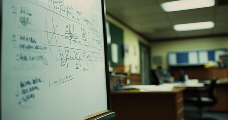 Analyzing Strategy in the Office: A close-up view of a whiteboard covered in mathematical equations and strategic notes. The office background is subtly lit, hinting at intense planning.