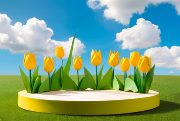 modern origami nature backdrop with cylinder display platform, surrounded by yellow tulip flowers with leaves, green grass, and a blue sky with clouds