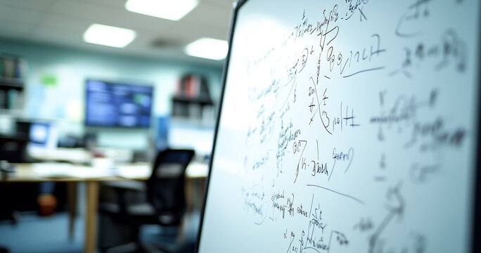 Mathematical Insights in Workspace: A whiteboard brimming with complex mathematical equations stands prominently in a modern workspace.