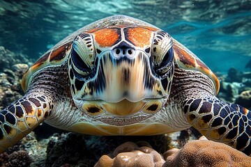 Fototapeta premium Majestic Sea Turtle: Underwater Portrait in Clear Ocean Waters