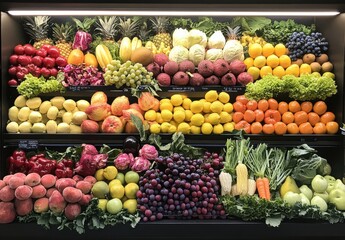 Vibrant and Colorful Display of Fresh Fruits and Vegetables in a Market Setting for Healthy Living and Nutrition Promotion
