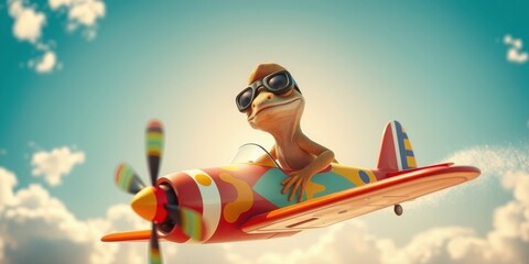 A whimsical reptile pilot soars through the sky in a vibrant, cartoon-style airplane, enjoying a carefree adventure.