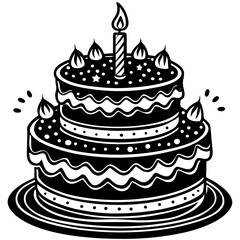 Decorative Birthday Cake with Candle - Celebration Vector Illustration

