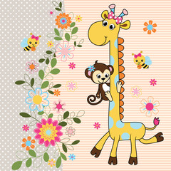 Naklejka premium Adorable giraffe vector illustration with flowers and butterflies. Whimsical and charming design.